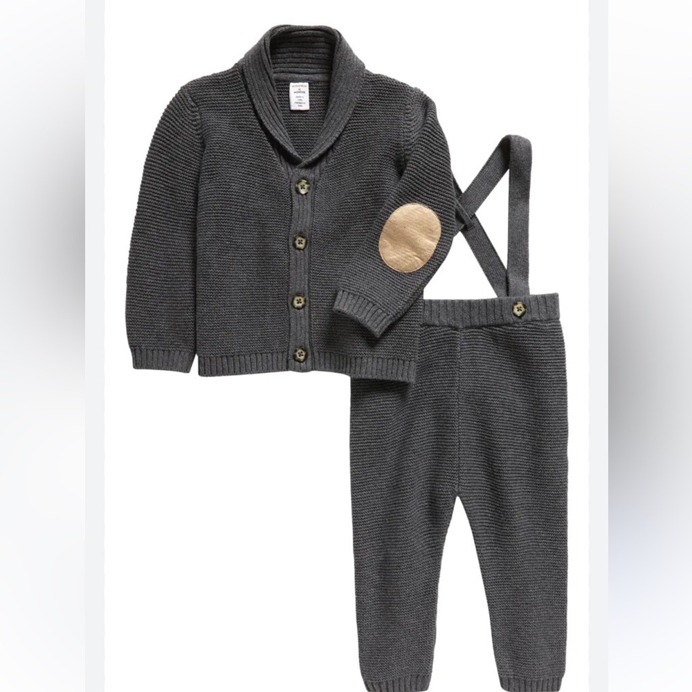 Nordstrom Knit Cotton Cardigan & Suspender Pants Set